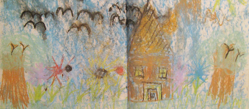 Crayon drawing of a house, trees, and birds in the sky